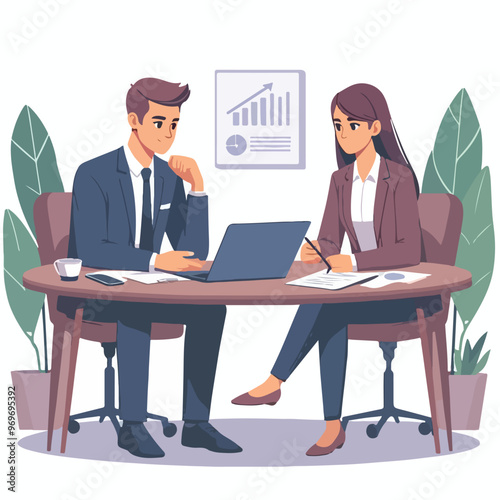 Partners meeting for business discussion with documents and laptop on desk. Couple at round table, speaking, discussing work, partnership. Flat vector illustration isolated on white background