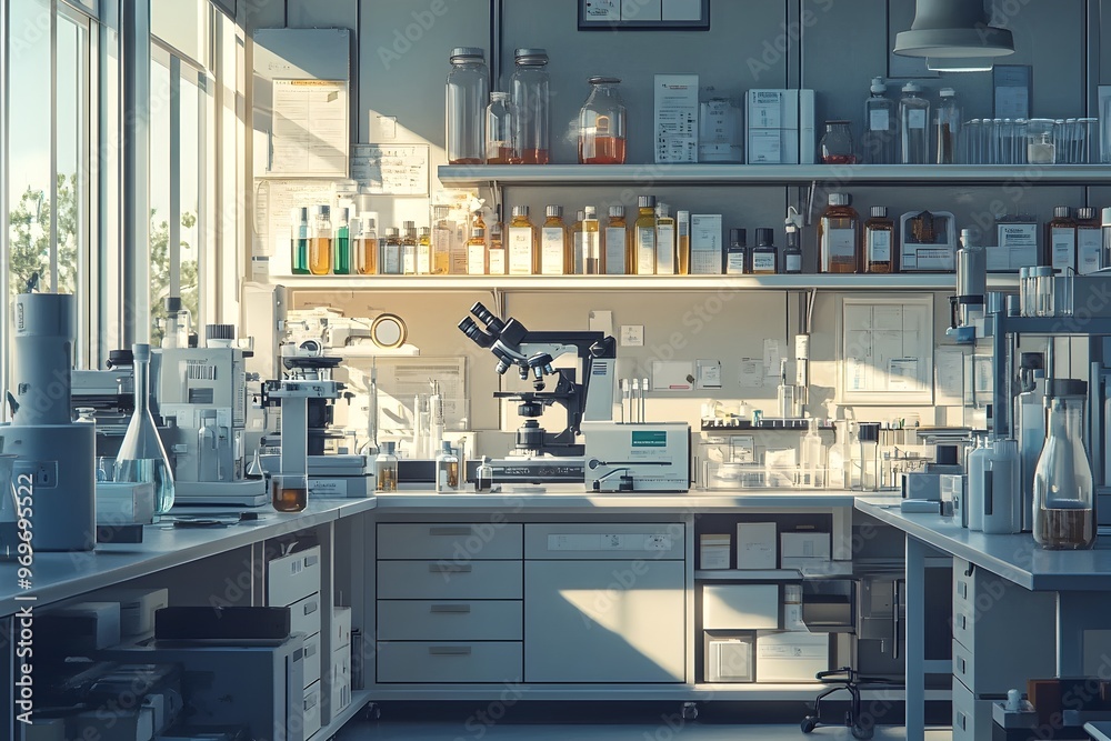 Organized Medical Research Workspace with Clinical Lighting and Scientific Instruments Organized Medical Research Workspace with Clinical Lighting and Scientific Instruments