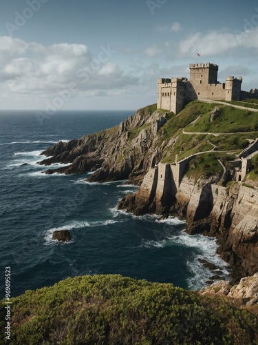 Line art of a fortress atop a rocky coastline, drawn in intricate detail.