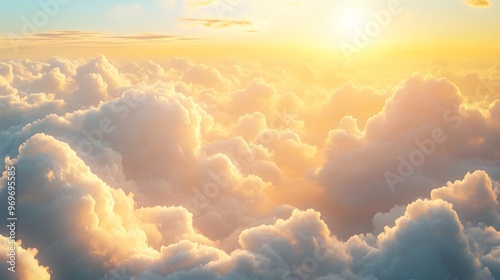 A breathtaking view of fluffy white clouds illuminated by golden sunlight, creating a serene heavenly atmosphere
