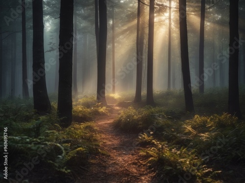 A Misty Forest with a Glimmering Light in the Distance.