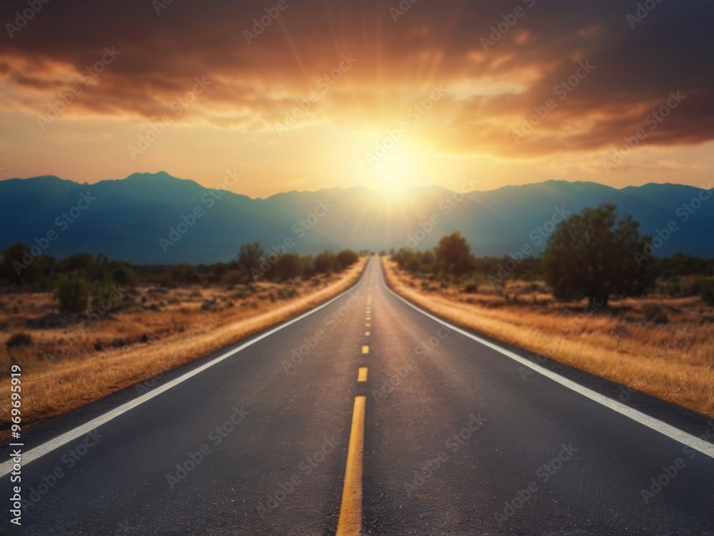Fototapeta premium Traveling on a deserted road toward the sun.