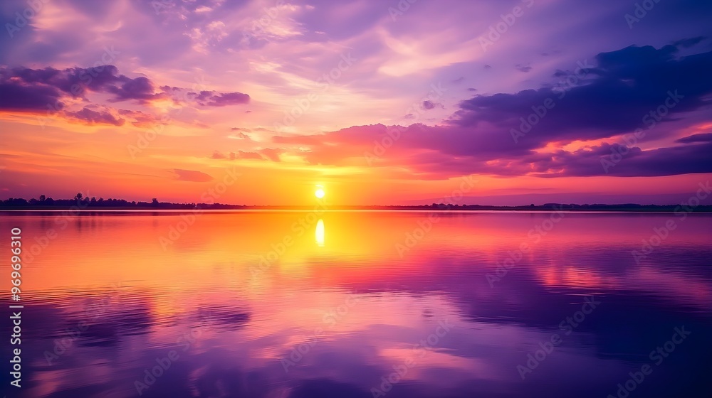 A breathtaking sunset sky painting the horizon with vibrant oranges and purples, casting a warm glow over a tranquil lake A breathtaking sunset sky painting the horizon with vibrant oranges and purples, casting a warm glow over a tranquil lake