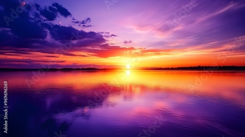 A breathtaking sunset sky painting the horizon with vibrant oranges and purples, casting a warm glow over a tranquil lake