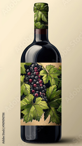 A beautifully designed wine bottle featuring label made of grape leaves, showcasing rich green foliage and clusters of grapes. This artistic representation evokes sense of nature and craftsmanship