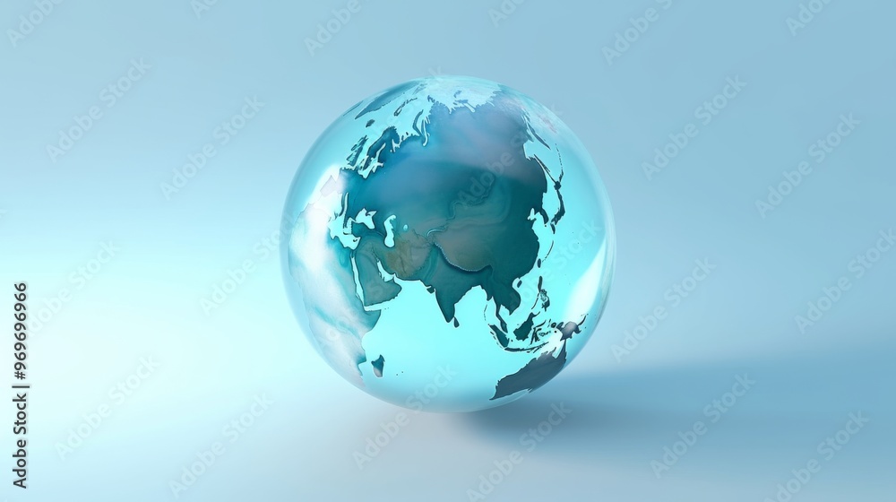 Glass Sphere with World Map Inside Highlighting Global Trade and Business Growth Through B2B Marketing. Viewed from Above Against Isolated Blue Background Glass Sphere with World Map Inside Highlighting Global Trade and Business Growth Through B2B Marketing. Viewed from Above Against Isolated Blue Background