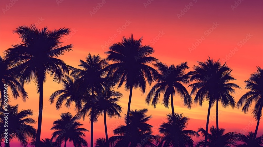 A vibrant orange and pink sky at dusk with palm trees gently swaying in the breeze, highlighting the beauty of nature