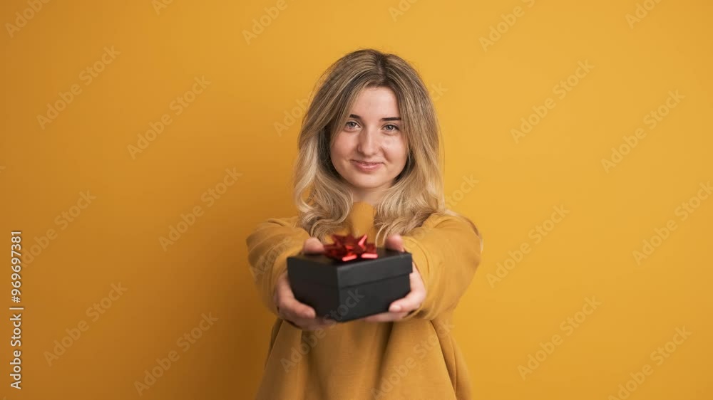 Happy young woman presenting gift box with ribbon on yellow background Happy young woman presenting gift box with ribbon on yellow background