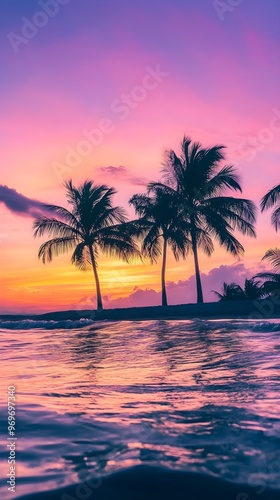 A tranquil view of palm trees against a colorful sunset, with soft waves lapping at the shore, ideal for relaxation themes