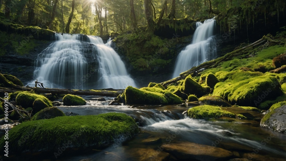 Majestic waterfall flows over moss-covered rocks in a sunlit forest.