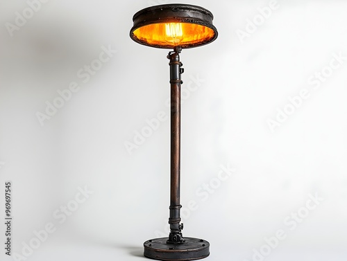 Vintage industrial style floor lamp with a pipe frame design and warm glowing light isolated on a clean white background  This unique lighting fixture adds a rustic photo