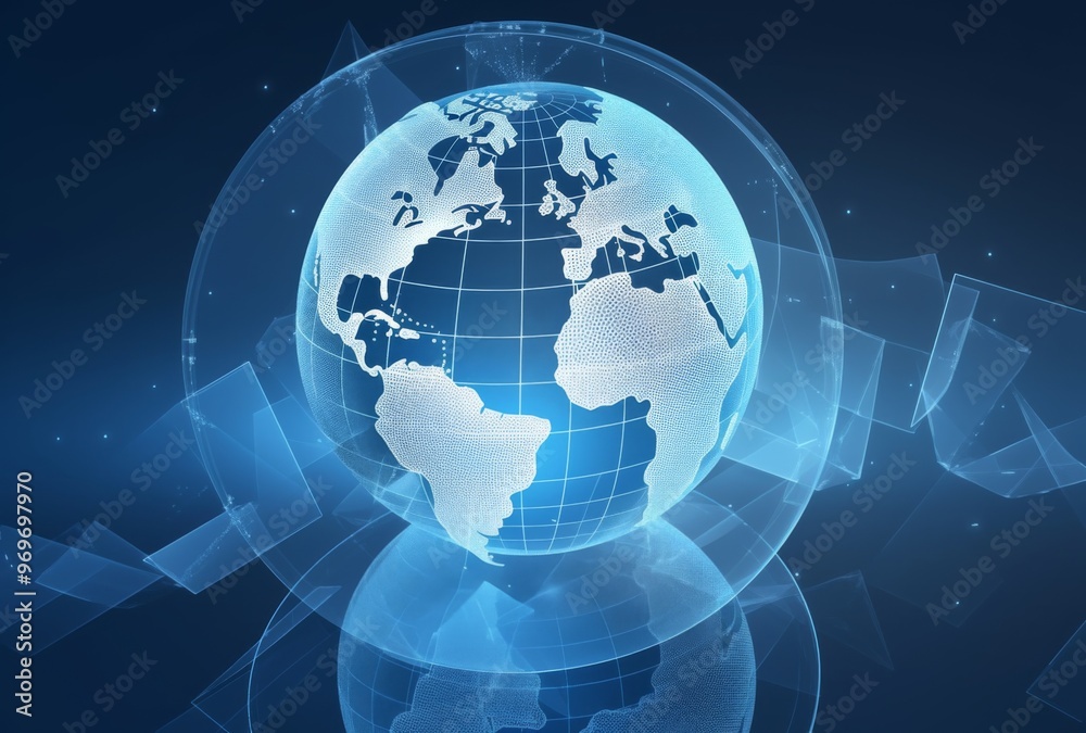 Glass Sphere with World Map Inside Highlighting Global Trade and Business Growth Through B2B Marketing. Viewed from Above Against Isolated Blue Background Glass Sphere with World Map Inside Highlighting Global Trade and Business Growth Through B2B Marketing. Viewed from Above Against Isolated Blue Background