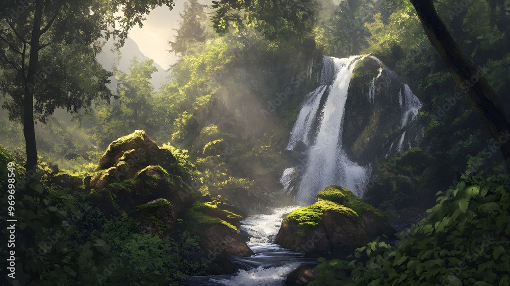 A serene forest waterfall cascading over moss-covered rocks, surrounded by lush greenery and dappled sunlight filtering through the trees A serene forest waterfall cascading over moss-covered rocks, surrounded by lush greenery and dappled sunlight filtering through the trees