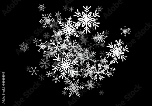 Christmas background with falling snowflakes. Winter holiday background or frame with pattern of layered snow.