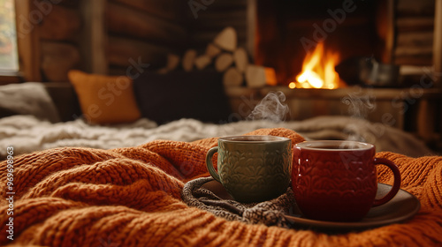 Cozy mugs and blankets in fall colors, including Burnt Orange, Olive Green, and Rust Red. Perfect for autumn scenes with rustic charm and seasonal warmth.