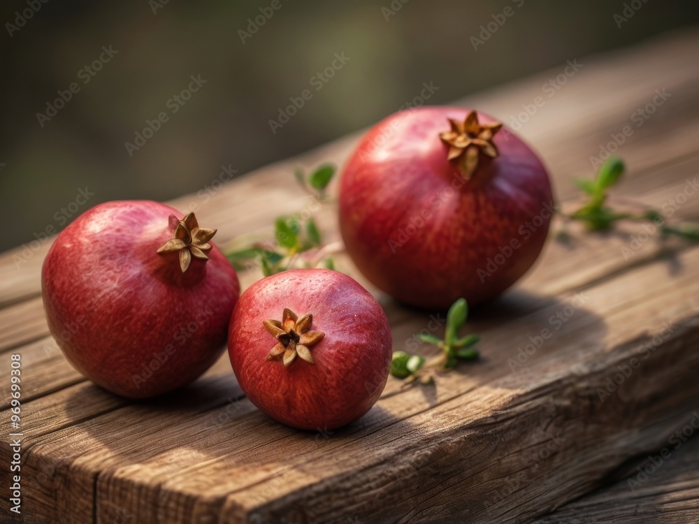 Three fresh pomegranates with juicy seeds on rustic wood a symbol of harvest and healthy eating. Three fresh pomegranates with juicy seeds on rustic wood a symbol of harvest and healthy eating.