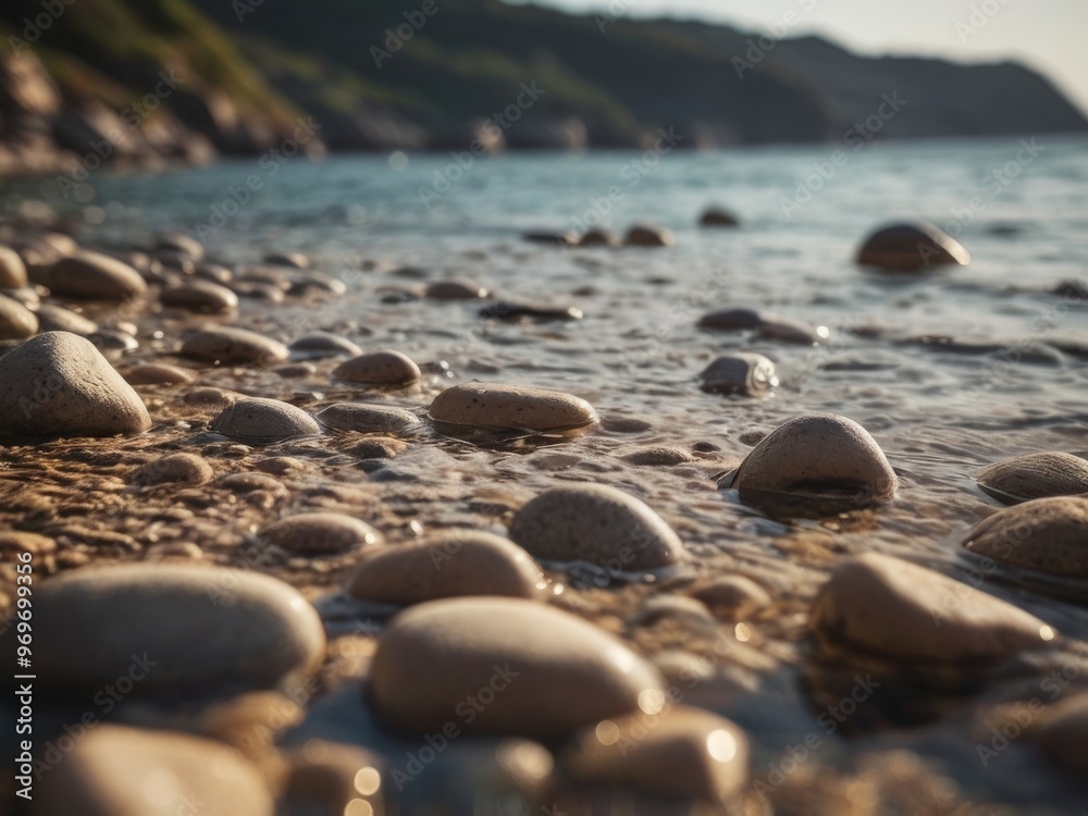 A beautiful beach with a large body of water and a rocky shoreline. A beautiful beach with a large body of water and a rocky shoreline.