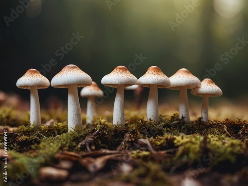 A row of mushrooms with one of them being a white one. photo