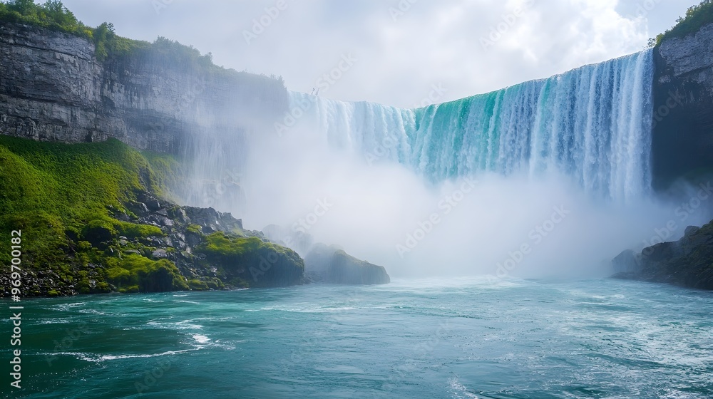 Fototapeta premium Majestic view of Niagara Falls cascading down rocky cliffs, surrounded by lush greenery and mist