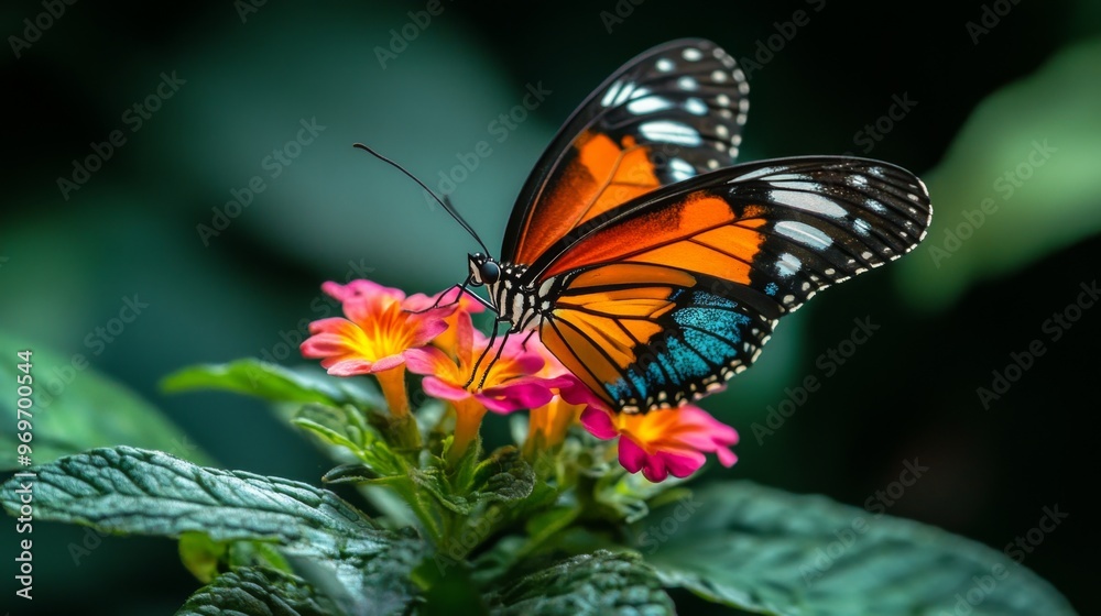 High-resolution close-up of a butterfly perched on a flower, showcasing its colorful wings, delicate details, and the flower's texture. High-resolution close-up of a butterfly perched on a flower, showcasing its colorful wings, delicate details, and the flower's texture.