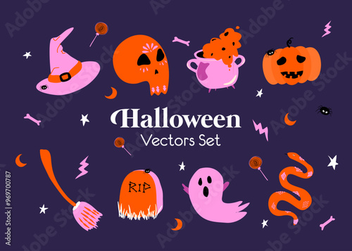 Halloween vectors set illustrations pumpkin snakes witches handwriting style orange pink