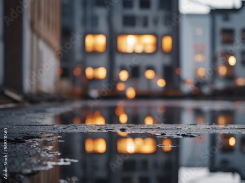 Urban Landscape With Abandoned Buildings and a Reflection Puddle. photo