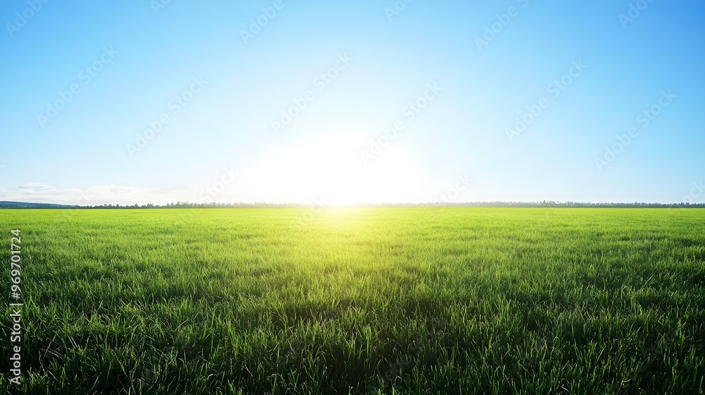 Fototapeta premium A vast green field under a clear blue sky, with soft sunlight illuminating the grass and creating long shadows