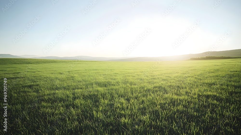 A vast green field under a clear blue sky, with soft sunlight illuminating the grass and creating long shadows A vast green field under a clear blue sky, with soft sunlight illuminating the grass and creating long shadows