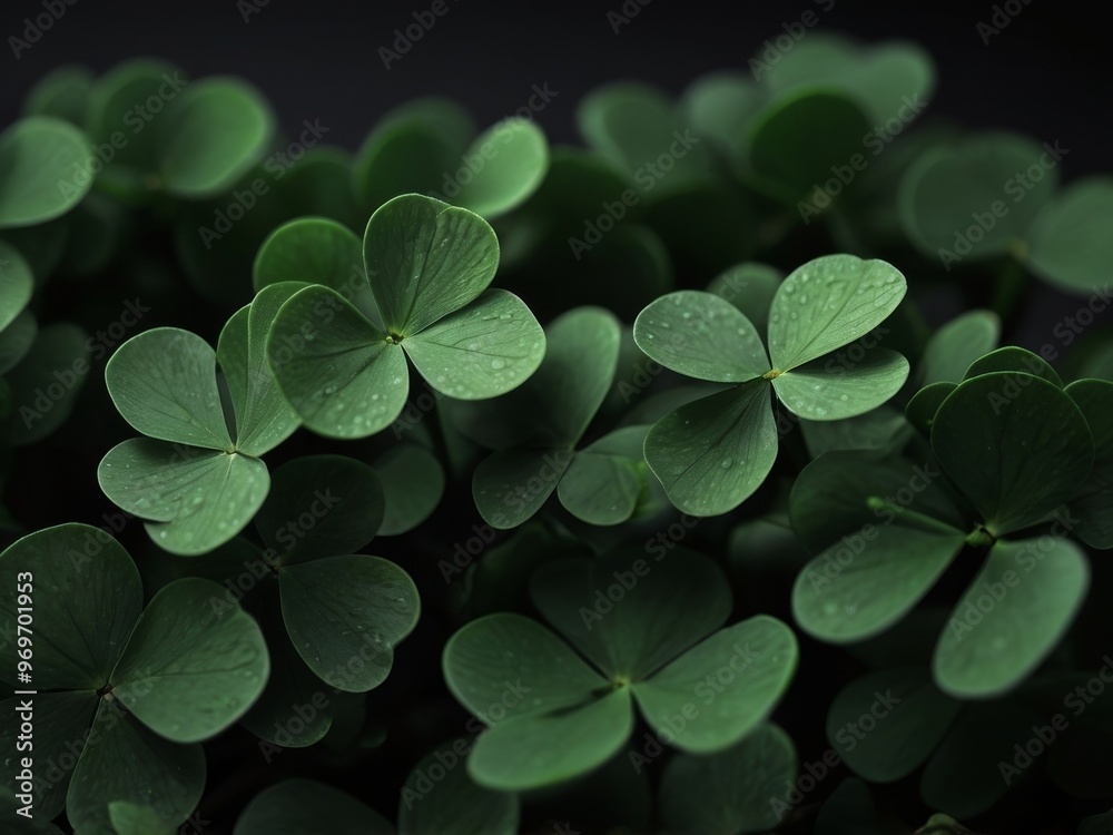 A close up of green clovers on a black background. A close up of green clovers on a black background.