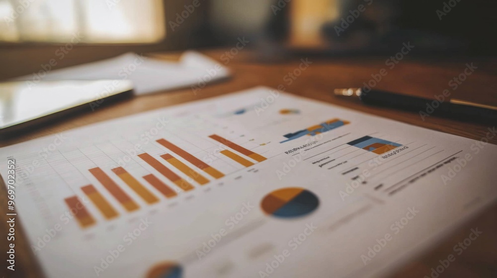 High-resolution close-up of a financial report with graphs and charts, showcasing detailed analysis and data visualization on a modern desk. High-resolution close-up of a financial report with graphs and charts, showcasing detailed analysis and data visualization on a modern desk.