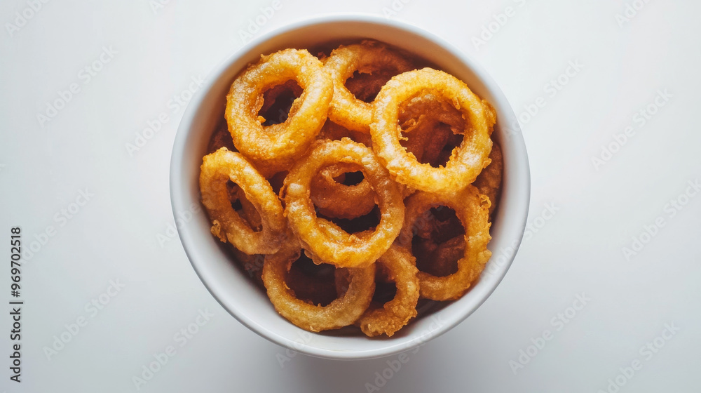 A bowl filled with crispy onion rings, photographed from above against a plain white backdrop. A bowl filled with crispy onion rings, photographed from above against a plain white backdrop.
