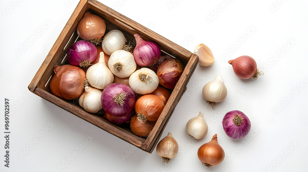 Top-View of a Wooden Crate Filled with Onions and Garlic on a Clean White Background Top-View of a Wooden Crate Filled with Onions and Garlic on a Clean White Background