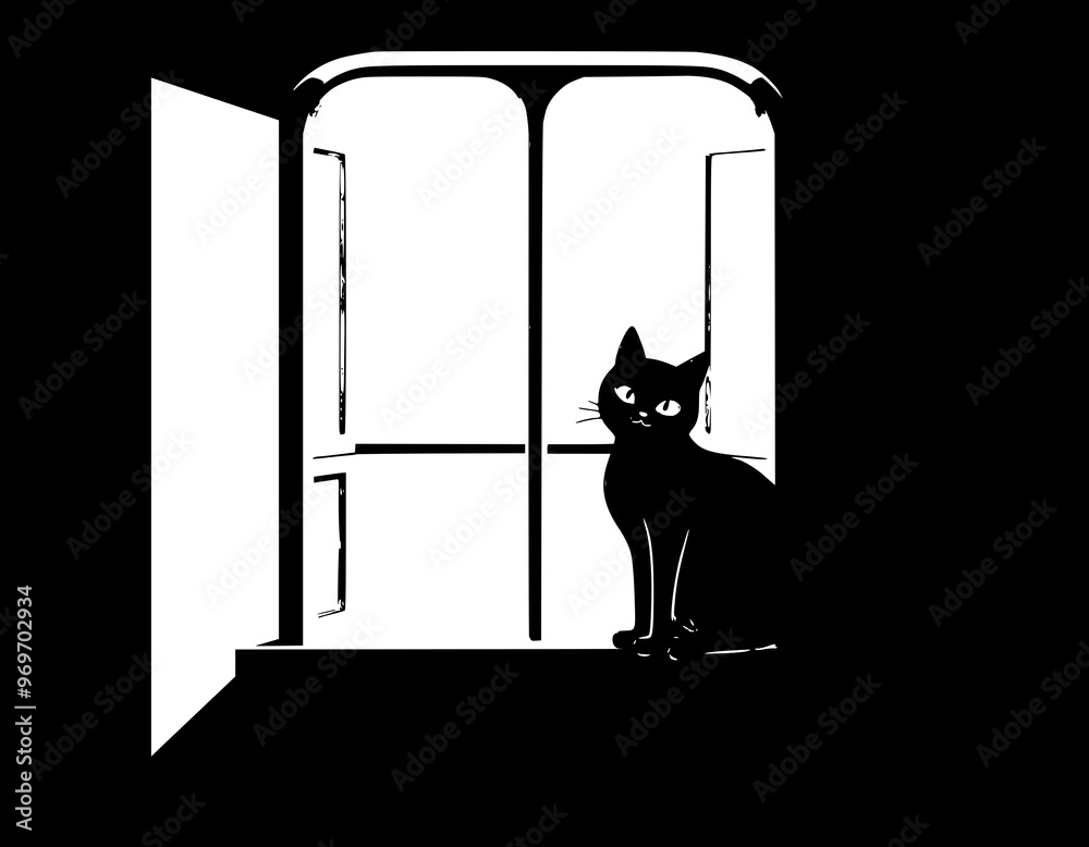 Minimalistic Vector Illustration of a Cat Sitting on a Windowsill with Geometric Shapes, Clean Lines, Flat Colors for T-Shirt Design