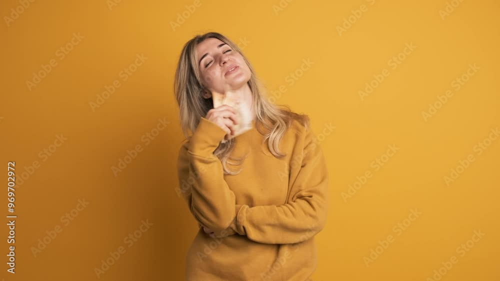 Woman displaying cash in excitement over earnings from investment on yellow background Woman displaying cash in excitement over earnings from investment on yellow background
