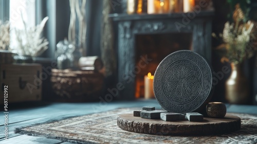 sacred talisman, ancient runes, and a mystical altar integrate within a modern scandi room, fusing tradition with aesthetics in a mystical concept banner photo