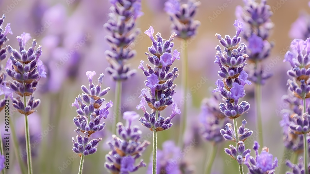 Obraz premium Close-up of vibrant lavender blooms, showcasing intricate details and textures against a soft background