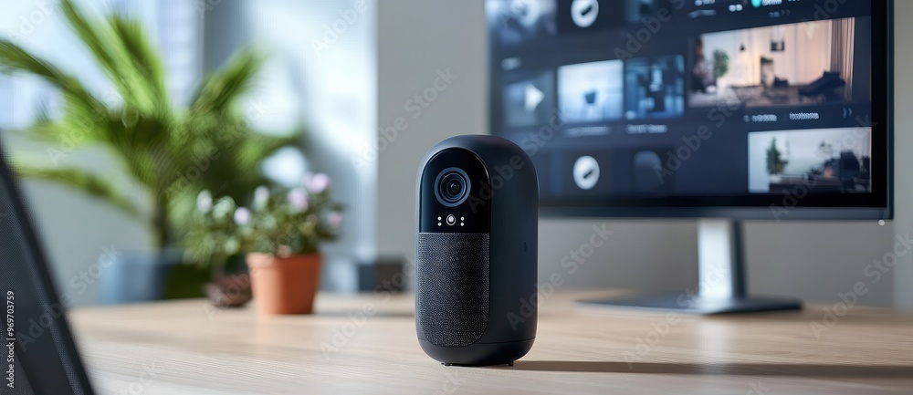 Modern black web camera on wooden table with computer monitor in the background. Modern black web camera on wooden table with computer monitor in the background.