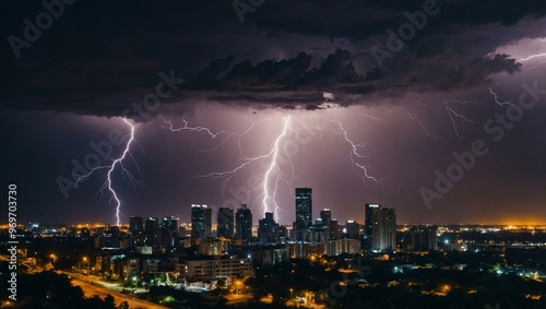 Night sky with lightning over city skyline.