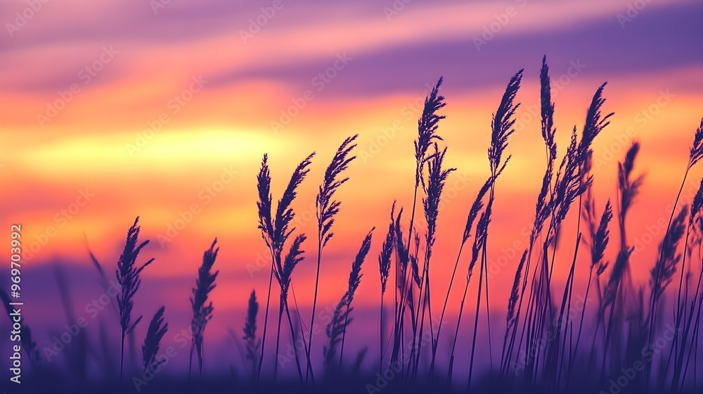 Silhouettes of tall grass gently swaying in the breeze during a serene sunset, the sky painted in shades of orange and purple Silhouettes of tall grass gently swaying in the breeze during a serene sunset, the sky painted in shades of orange and purple