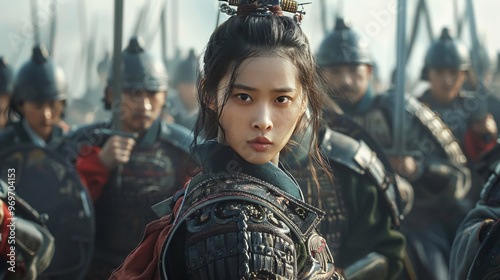 A young Chinese woman standing in front of a group of troops wielding swords. photo