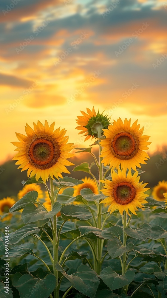 Fototapeta premium A panoramic shot of a field of sunflowers at sunset, their faces turned towards the fading light, creating a vibrant foreground