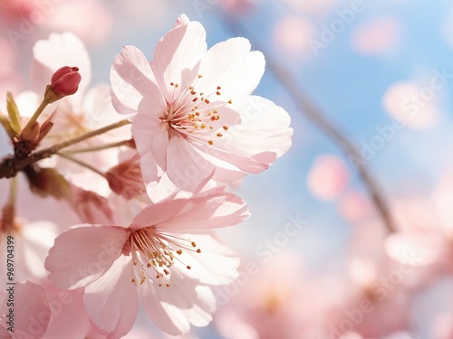 Cherry blossoms bloom against a bright blue sky during springtime in a tranquil park