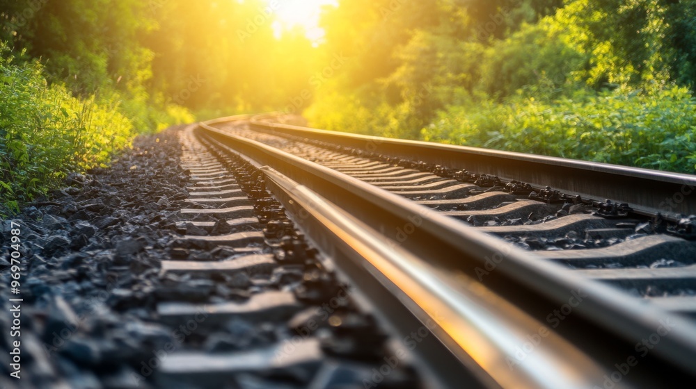 Fototapeta premium High-resolution close-up of railway tracks with sunlight glinting off the metal rails, set against a background of lush green vegetation.