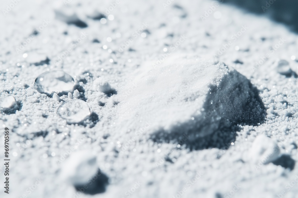 fine white powder with water droplets resting on its surface, creating a contrast between the smooth liquid and the textured granules, cosmetics background fine white powder with water droplets resting on its surface, creating a contrast between the smooth liquid and the textured granules, cosmetics background