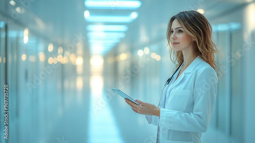 businesswoman with a digital tablet, embodying professionalism and modern success, stands in a bright, modern office, showcasing her expertise and elegance