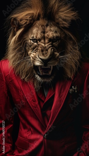 Lion wearing stylish red suit. Generative Ai