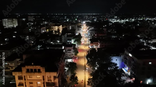 Aerial view of night time shot of City roads.