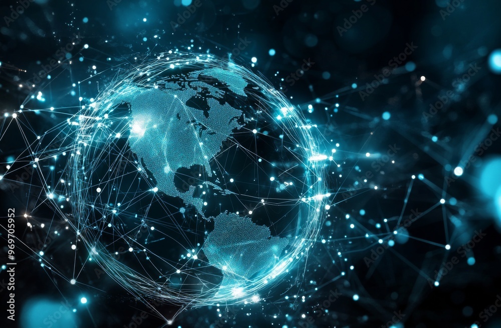 Globe Surrounded by Digital Connections Representing Global Technology Interconnections, with Dark Background and Blue/Silver Accents for Cybersecurity. Includes Blurred Tech Network Grid and Vector G Globe Surrounded by Digital Connections Representing Global Technology Interconnections, with Dark Background and Blue/Silver Accents for Cybersecurity. Includes Blurred Tech Network Grid and Vector G