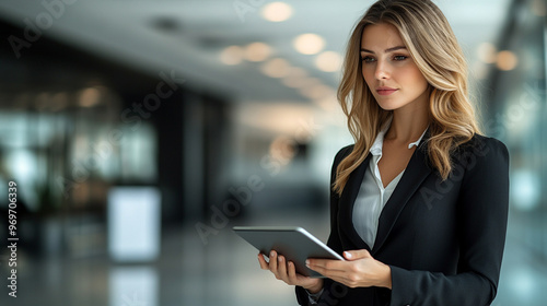 businesswoman with a digital tablet, embodying professionalism and modern success, stands in a bright, modern office, showcasing her expertise and elegance