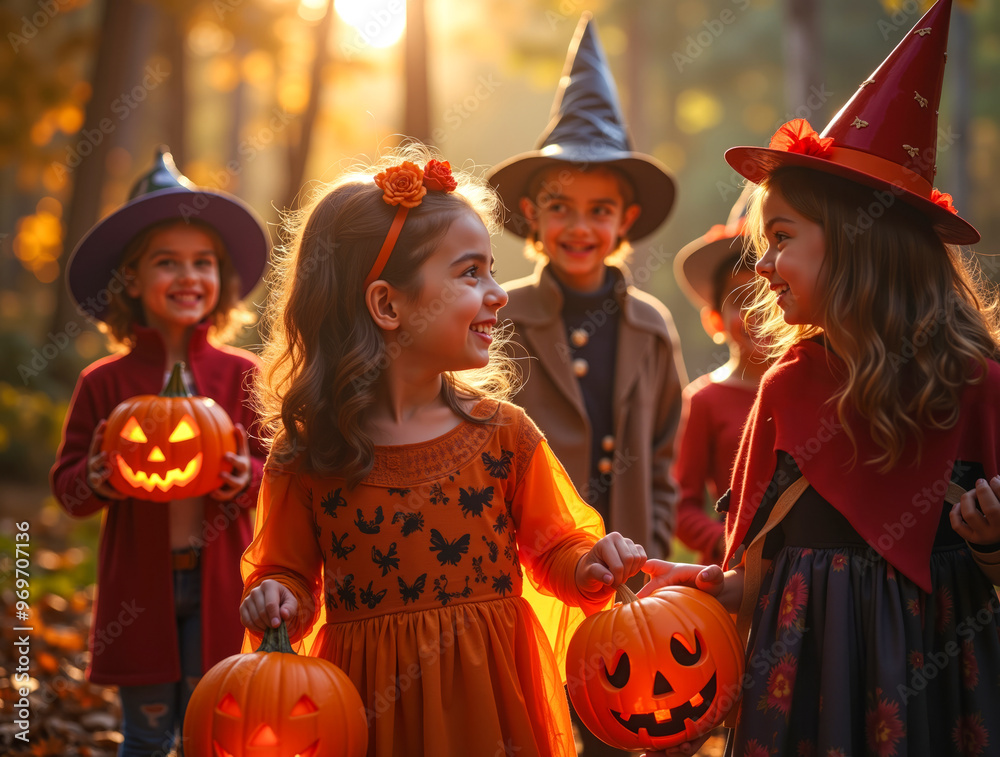 Fototapeta premium A group of children dressed up for Halloween in the woods